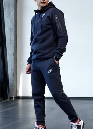 Спортивний костюм чоловічий зимовий nike tech fleece (найк теч фліс) осінь-зима теплий на флісі синій. живе фото