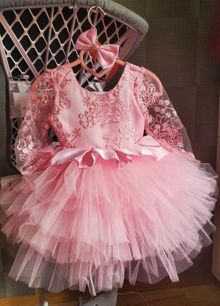 Очень красивое супер пышное детское пышное вышитое розовое праздничное платье на рчок 1 год 9м 12м 18м 80 86 день рождения крестины свадьбы праздник