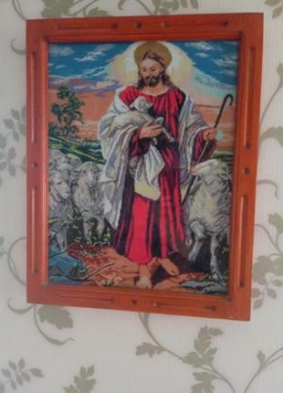 Ікона ісуса христа вишита кольровими нитками5 фото