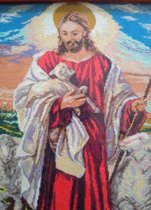 Ікона ісуса христа вишита кольровими нитками4 фото