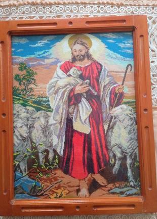 Ікона ісуса христа вишита кольровими нитками3 фото