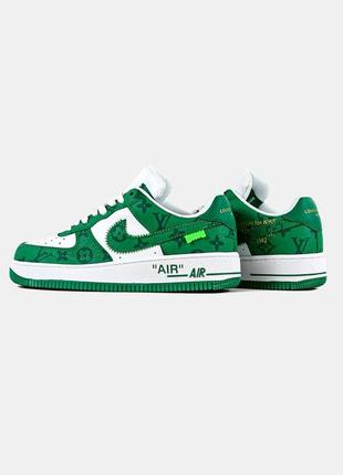 Женские кожаные кроссовки lv air force 1 low by virgil abloh white green4 фото