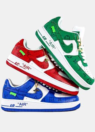 Женские кожаные кроссовки lv air force 1 low by virgil abloh white green10 фото