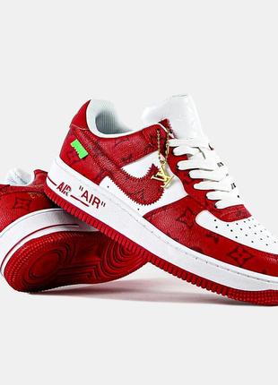 Женские кожаные кроссовки lv air force 1 low by virgil abloh white red5 фото