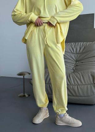 Акція‼️м'який теплий велюровий оверсайз вільний спортивний жіночий костюм на осінь зиму зимовий люкс на флісі лимонний жовтий3 фото