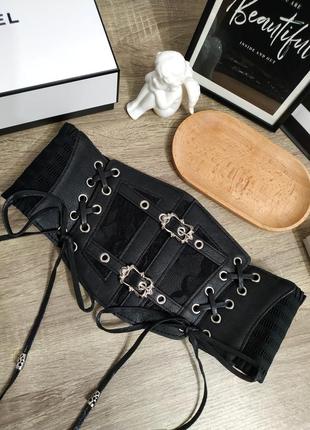 Тренд широкий черный пояс на резинке готика корсет на шнуровке ремень