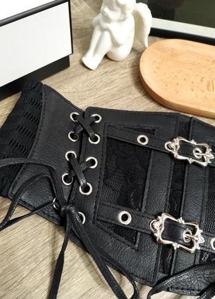 Тренд широкий черный пояс на резинке готика корсет на шнуровке ремень