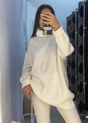 Тёплый вязаный объёмный свитер кофта туника платье с воротником хомутом оверсайз