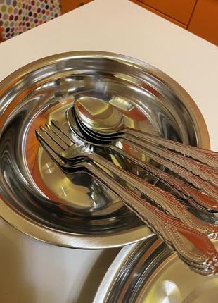 Нержавеющая посуда тарелки чашки вилки ложки5 фото