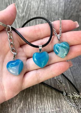Подарунок дівчині - натуральний камінь блакитний агат кулон у формі міні сердечка на шнурочку в коробочці5 фото
