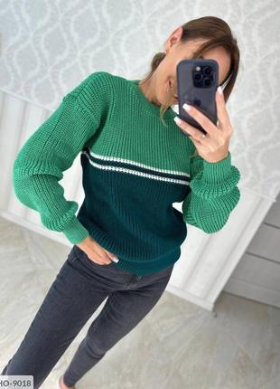 Трехцветный свитер вязаный женский зимний красивый стильный теплая вязка машинная шерсть размер 44-50 арт 50426 фото