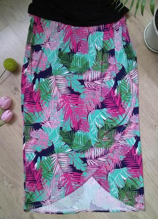 Трикотажная макси юбка в пол george с полукруглым запахом спідниця тропический принт1 фото