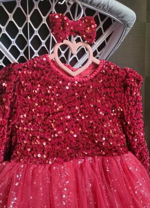 Детское праздничное нарядное новогоднее рождественское красное бархатное платье для девочки 4 5 лет 110 1167 фото