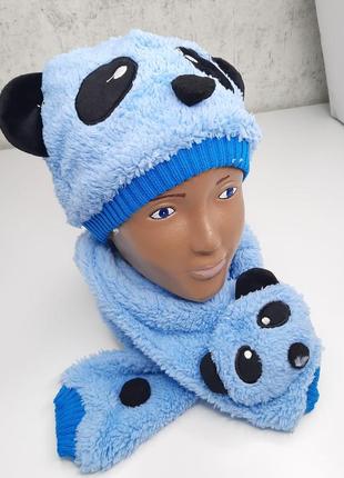 Теплая шапочка с ушками и шарфик, шапочка на флисе травка и шарф, шапочка панда, зимняя шапка4 фото