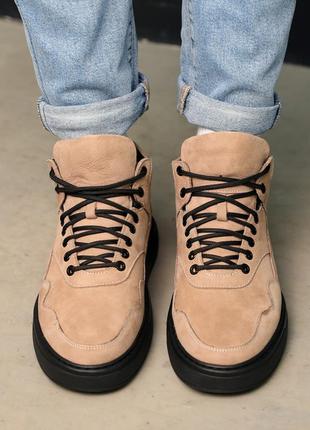 Стильные бежевые мужские зимние ботинки кроссовки с мехом, кожаные/кожа-мужская обувь на зиму 20243 фото