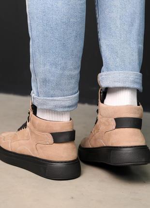 Стильные бежевые мужские зимние ботинки кроссовки с мехом, кожаные/кожа-мужская обувь на зиму 20248 фото