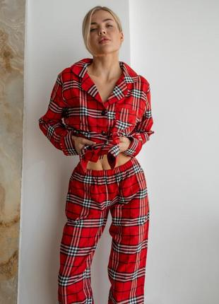 Жіноча піжама тепла у клітинку штани та сорочка s-m червоно-біла7 фото