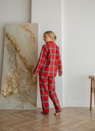 Жіноча піжама тепла у клітинку штани та сорочка s-m червоно-біла6 фото