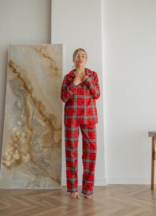 Жіноча піжама тепла у клітинку штани та сорочка s-m червоно-біла2 фото