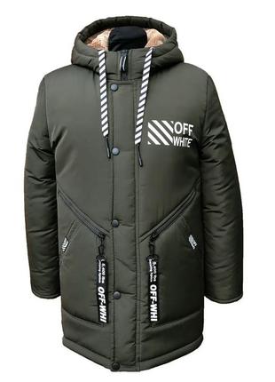 Зимняя куртка для мальчика на овчине/ пальто хаки для подростков (152 158 164 170), подростковая парка на зиму3 фото