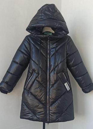 Зимняя куртка пальто на флисе для девочки подростка 11-15 лет, модная черная курточка пуховик - зима1 фото
