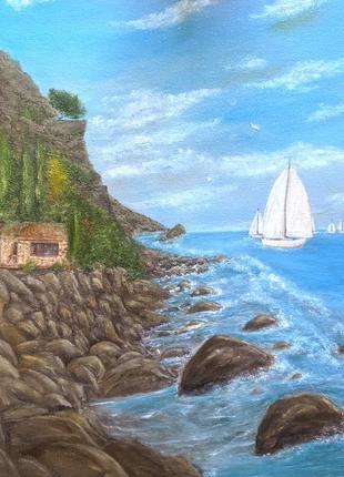 Картина маслом "домик на скале у моря. разм. 40х50 см