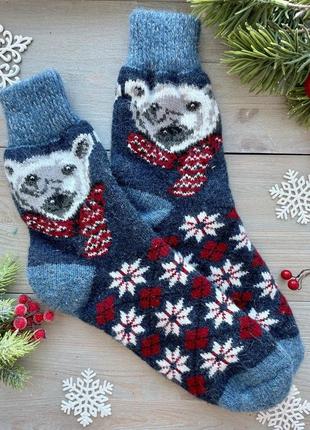 Новорічні шерстяні чоловічі шкарпетки терлі зимові носки в'язані із овечої вовни р. 41-43 " ведмідь 5"1 фото