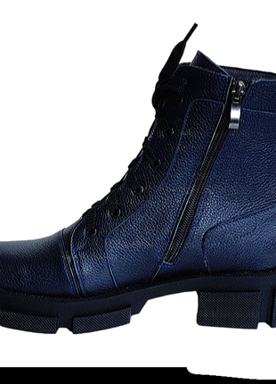 Ботинки женские кожаные со шнурком синего цвета на утолщенной подошве3 фото