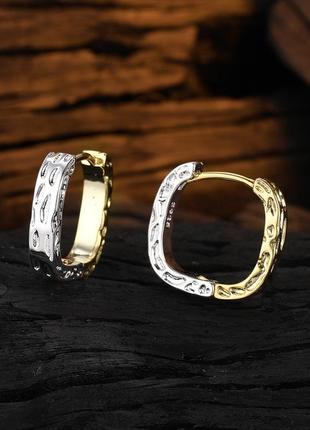 Сережки-кільца два відтінки, квадратні сережки в золотому та срібному кольорі, срібне покриття 925 проби1 фото