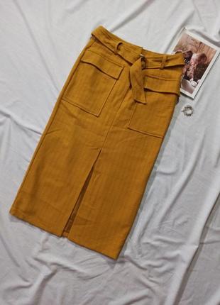Горчичная юбка миди с разрезом спереди/карандаш/с поясом1 фото