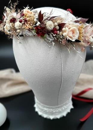 Вінок на голову в марсала та рожевих тонах із сухоцвітами