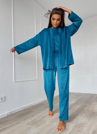 Гарна велюрова піжама трійка, домашній костюм7 фото