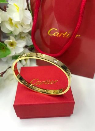 Брендовый браслет cartier в позолоте с камушками