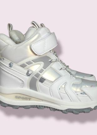 Белые зимние кроссовки, хайтопы дутики ботинки для девочки3 фото