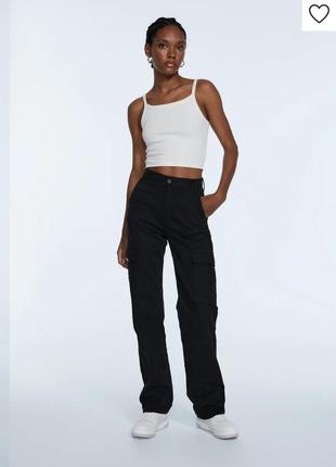 Черные прямые брюки/джинсы карго на высокой посадке/трубы/с накладными карманами2 фото