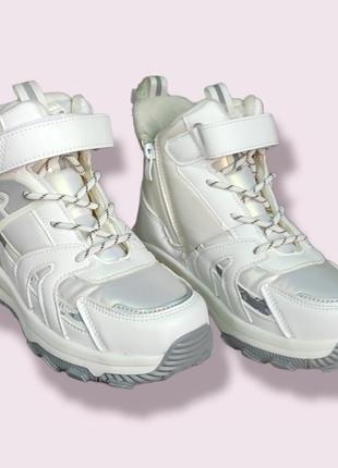 Белые зимние кроссовки, хайтопы дутики ботинки для девочки8 фото