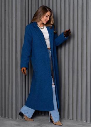 Синее пальто из букле с карманами2 фото