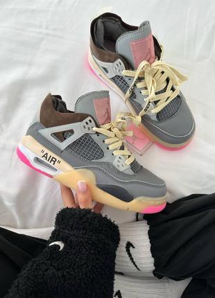 Женские кроссовки nike air jordan 4 retro x off-white grey pink серого с розовым цветами