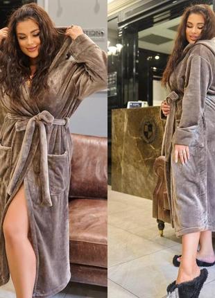Жіночий теплий довгий халат із заходом із кишенями з капюшоном для дому тканина полірована махра велсофт3 фото
