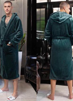 Турецкий теплый мужской домашний махровый халат на запах с карманами ткань полированная махра цвет изумрудный2 фото