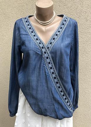 Джинсовая блуза, рубашка на запах, вышивка,етно стиль бохо, большой размер