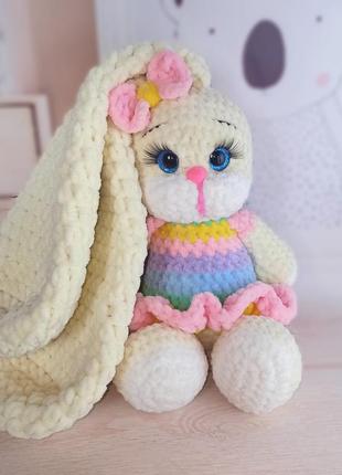 Мягкая игрушка кролик, вязаная плюшевая зайка, амигуруми ручной работы, длинные уши с плюша