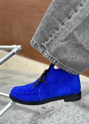 Стильні черевики високі лофери з натуральної італійської шкіри та замші жіночі електрик сині