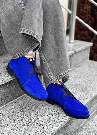 Стильные ботинки высокие лоферы из натуральной итальянской кожи и замши женские электрик синие8 фото