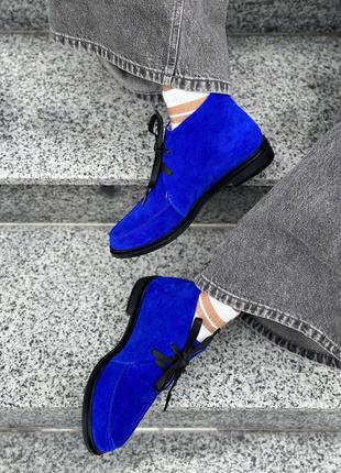 Стильные ботинки высокие лоферы из натуральной итальянской кожи и замши женские электрик синие6 фото