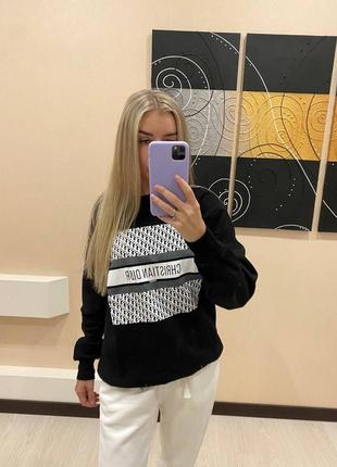 Люксовий светр в стилі бренду на флісі 🖤 теплий чорний світшот s m l