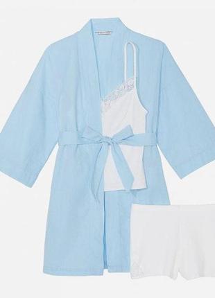 Пижама (халат + майка + шорты) victoria's secret хлопковая xxl голубая