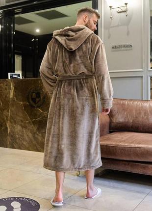 Турецкий теплый мужской домашний махровый халат на запах с карманами бежевого цвета ткань полированная махра2 фото