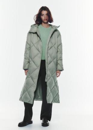 Куртка пальто длинная стеганная зеленая оливковая m zara 0518/2511 фото