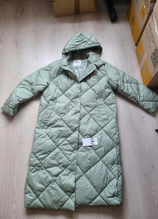 Куртка пальто длинная стеганная зеленая оливковая m zara 0518/2515 фото